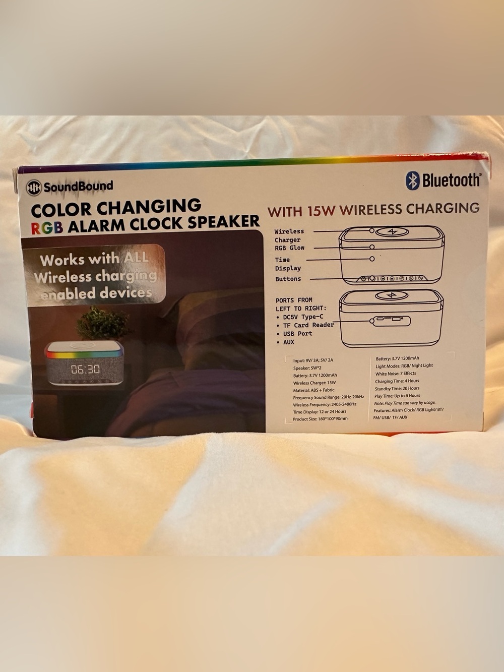 SoundBound NWT Color Changing RGB Alarm Clock 15W Wireless Charger Speaker